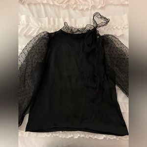Chicwish size M black satin top with sheer Swiss dot tulle sleeves and tie